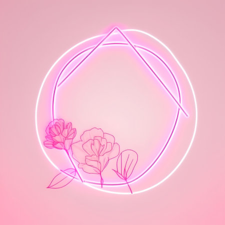 Neon frame with pink roses on a pink background. Vector illustration.の素材