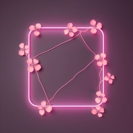 Neon frame with pink flowers. Vector illustration. Eps 10.の素材