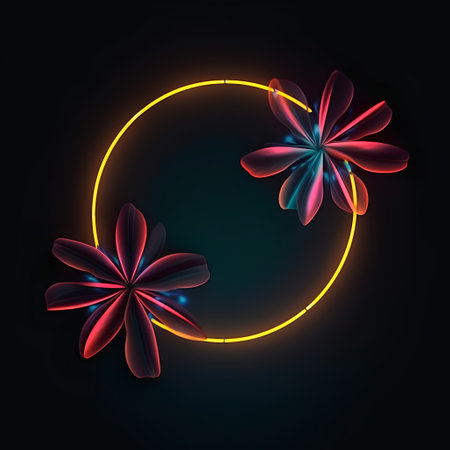 Glowing neon flower background. Glowing flower with circle frame.の素材