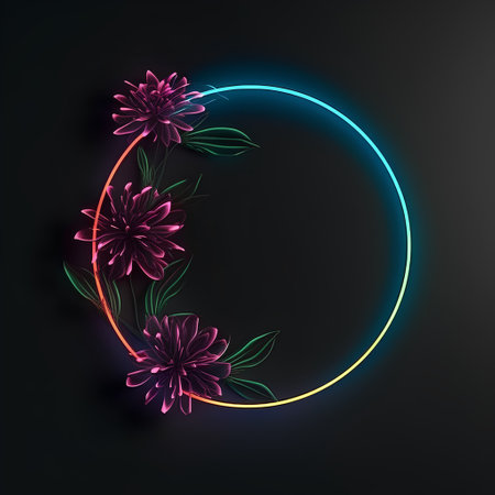 Neon frame with flowers on a dark background. Vector illustration.の素材