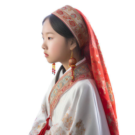 Portrait of a beautiful asian girl in traditional costume isolated on white backgroundの素材