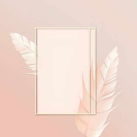 Golden frame with feathers on pastel pink background. Vector illustration.の素材