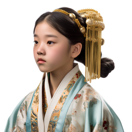 Portrait of a young beautiful asian woman in kimono on white backgroundの素材