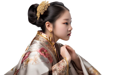 Portrait of a beautiful asian woman in kimono on white backgroundの素材