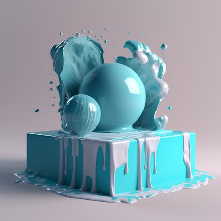 3d render of a blue liquid podium with ice cubes and ballsの素材