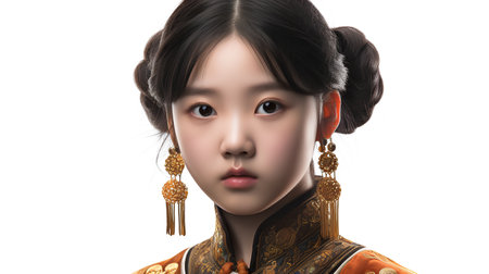 Portrait of a beautiful asian woman in traditional costume on white backgroundの素材