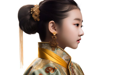 Portrait of a beautiful young asian woman in kimono on white backgroundの素材