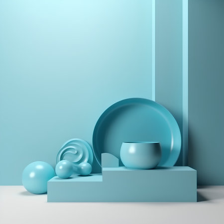 Blue abstract background with podiums and blue balls, 3d renderの素材