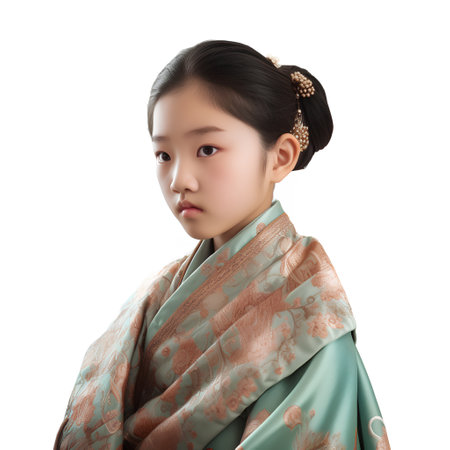 Portrait of young Asian woman in kimono isolated on white backgroundの素材