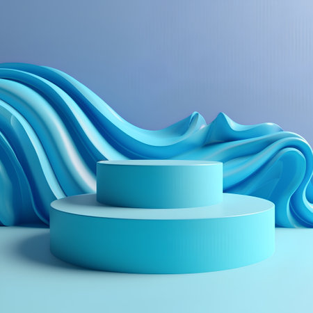 Blue abstract background with podiums and waves. 3d render.の素材