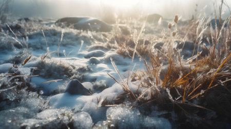 Frozen grass on the meadow in winter. Beautiful nature backgroundの素材