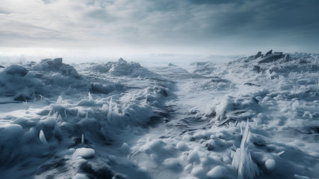 Fantasy landscape with frozen lake and icicles. 3d illustrationの素材
