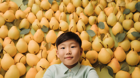 Portrait of a young asian boy among the yellow pearsの素材