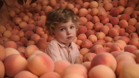 Little boy with peaches on a background of large peaches.の素材