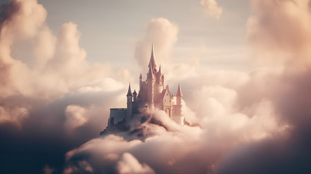 Fantasy castle in the clouds. 3d illustration. Vintage style.の素材