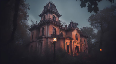 Old church in the park at night. Halloween background. Toned.の素材