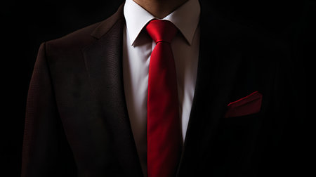businessman in suit with red tie on black background, close upの素材