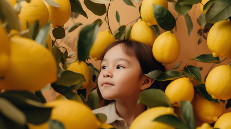 adorable little girl looking away while standing among ripe lemons on yellowの素材