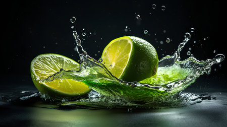 Fresh limes falling into water with splash on black background, closeupの素材
