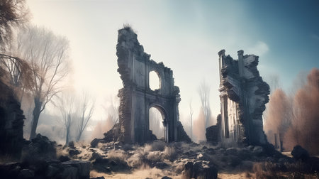 Mysterious ruins of an ancient temple in a foggy forestの素材