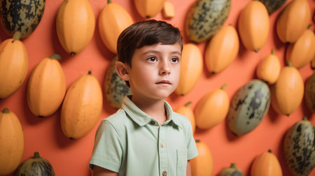 cute little boy looking at camera while holding ripe melons on orange backgroundの素材