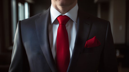 Businessman in a suit with a red tie on a dark backgroundの素材