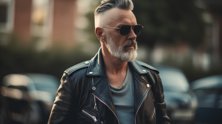 Portrait of a handsome mature man wearing sunglasses and leather jacket.の素材