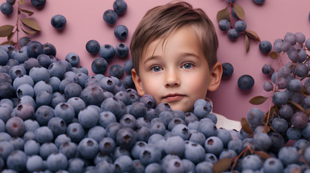 Little boy with blueberries on pink background. Healthy food concept.の素材