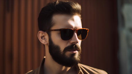 Portrait of a handsome man with a beard and sunglasses. Men's beauty, fashion.の素材
