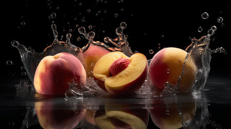 Fresh ripe peaches falling into water with splash on black background.の素材