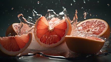 Grapefruit and orange slices with water splash on black background.の素材