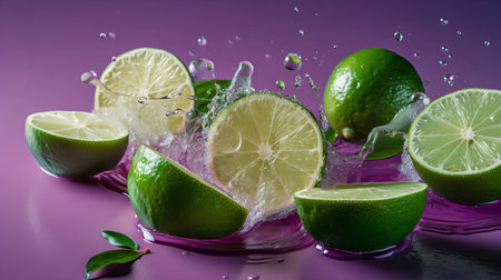Fresh lime slices with water splash on a purple background. Citrus fruit.の素材