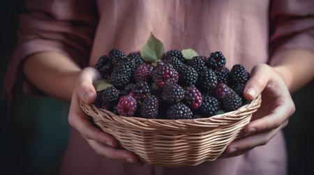Ripe blackberries and raspberries in a basket in the hands of a womanの素材