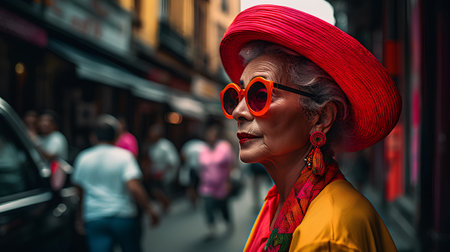 Portrait of an elderly Asian woman in a red hat and sunglasses in the city.の素材