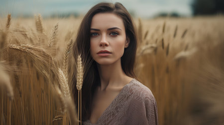 Portrait of a beautiful young woman in a wheat field. Beauty, fashion.の素材