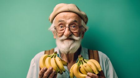 elderly man holding bananas and looking at camera isolated on greenの素材