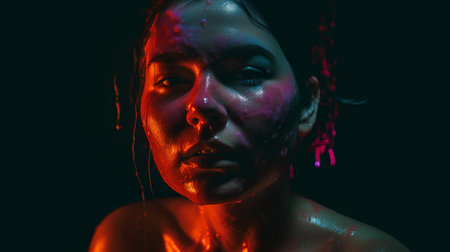 Close-up portrait of a young woman in neon light on a black backgroundの素材