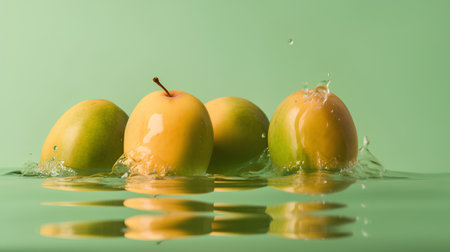Water splash with yellow plums, isolated on green background. Copy spaceの素材