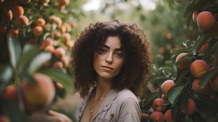 Portrait of a beautiful young woman with afro curly hairstyle in a peach garden.の素材