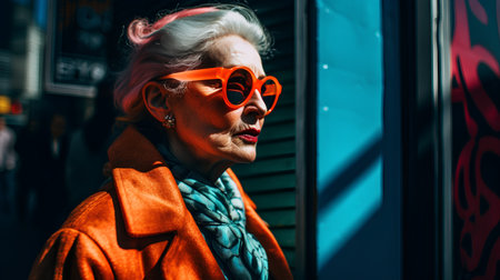 Beautiful senior woman with short hair wearing orange sunglasses on the street.の素材