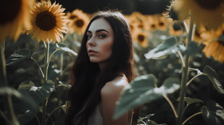 Portrait of a beautiful young woman with sunflowers in the fieldの素材