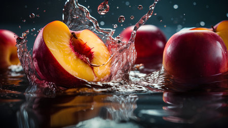 Water splash with fresh peaches and nectarines on black backgroundの素材