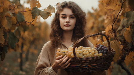 Beautiful young woman with basket of grapes in autumn vineyard.の素材