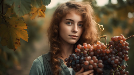 Portrait of beautiful young woman with bunch of grapes in autumn vineyardの素材