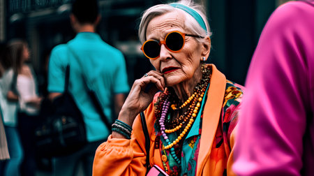 Fashionable woman poses outside Gucci fashion show building during Milan Women's Fashion Week in Milan.の素材