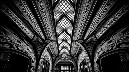 Black and white image of the interior of St. Stephen's Cathedral in Budapest, Hungary.の素材