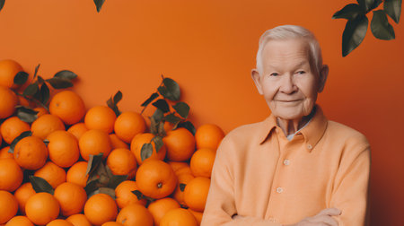 smiling senior man looking at camera and holding mandarins on orange backgroundの素材