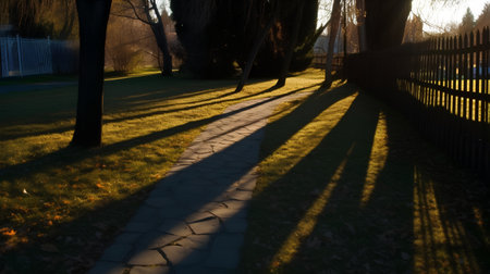 sunset in the city park on a warm winter day, shadows on the groundの素材