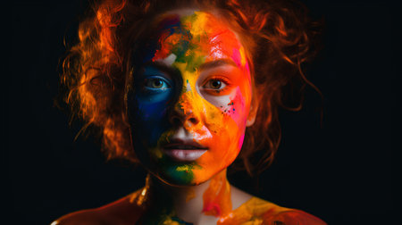 Portrait of a beautiful girl with painted face on a black background.の素材