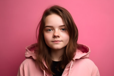 Portrait of a teenage girl in a pink jacket on a pink backgroundの素材